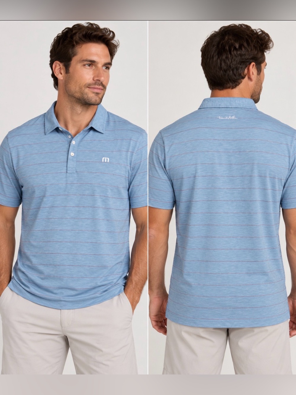 Travis Mathew Light Blue Heather Polo with Thin Stripe